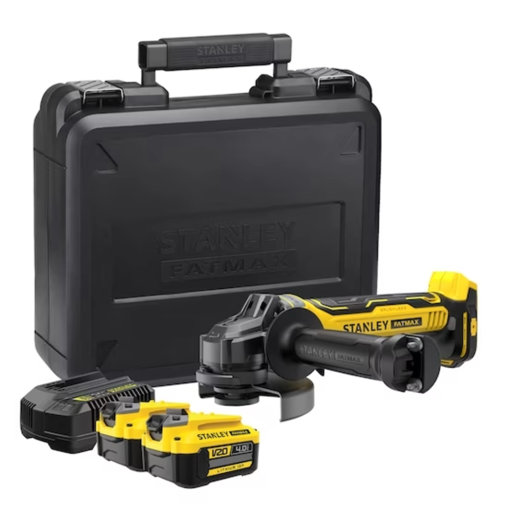 18V STANLEY® FATMAX® V20 Cordless Brushless 125mm Angle Grinder with 2 x 4.0Ah Lithium Ion Batteries and Kit Box